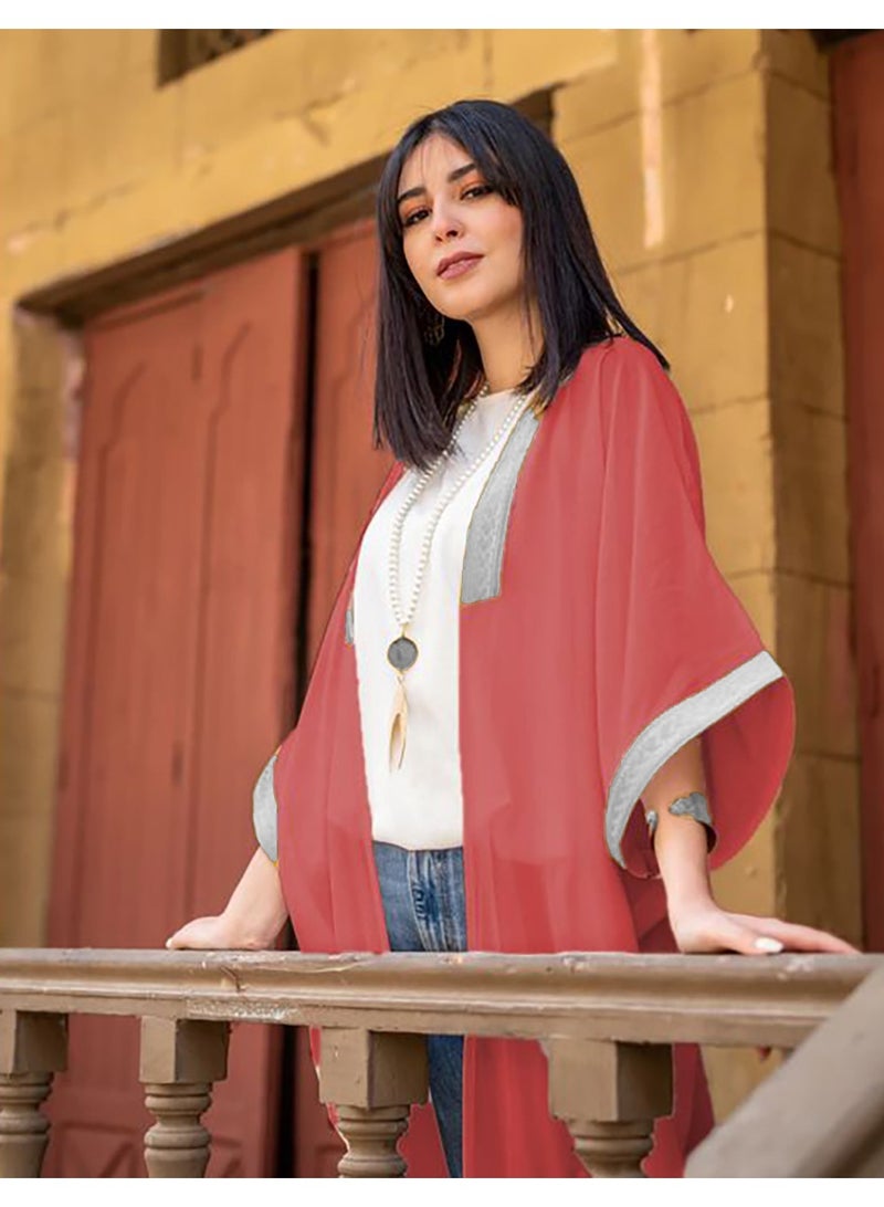 SunSet Kaftan Abaya Silver Embroidered Chiffon Sunset orange - Image 3